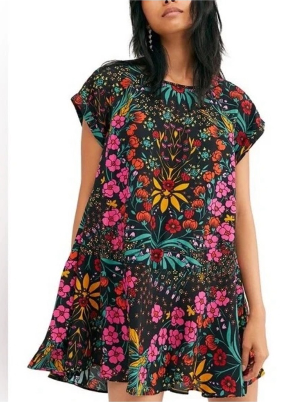 Free People Strawberry Fields swingy mini dress floral print Sz L Black Multi